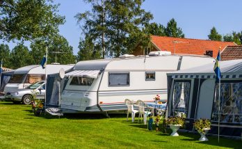 Campsite with caravans on a beautiful summer day